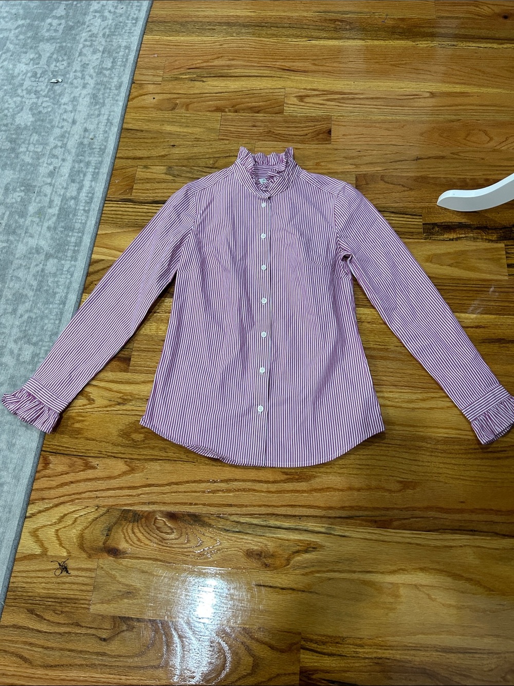 J. Crew Pink & White Striped Ruffle Collar Button-Down